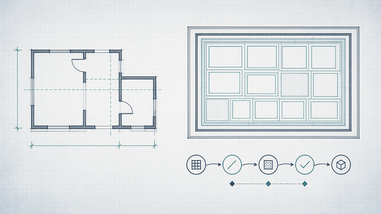 Blueprint-style illustration: floor plan, nested cutting layout, and a diagram workflow